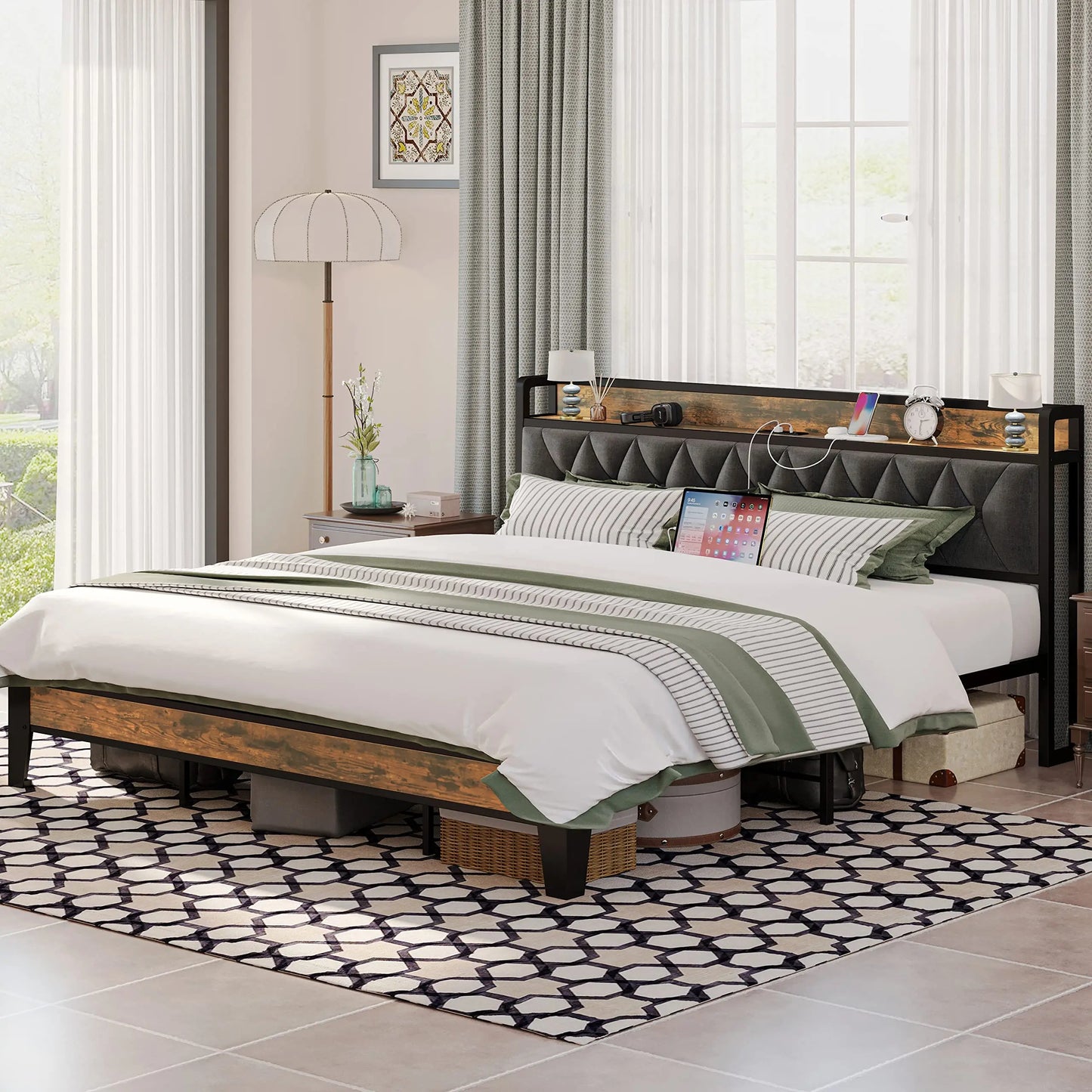 Wood & Upholstered Diamond Tufted Bed with Storage and Outlet